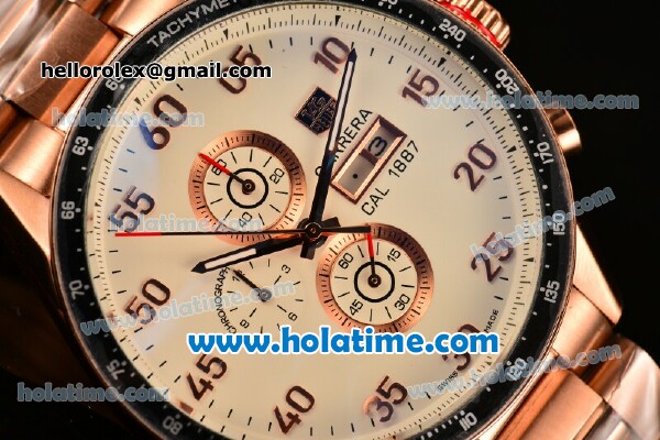 Tag Heuer Carrera Calibre 1887 Chrono Miyota OS10 Quartz Full Rose Gold with White Dial and Arabic Numeral Markers - Click Image to Close